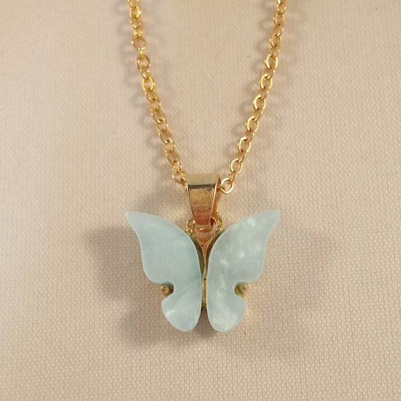Gold Plated Blue Opal Resin Butterfly Pendant Chain Necklace 18" Party Gift - Picture 2 of 3